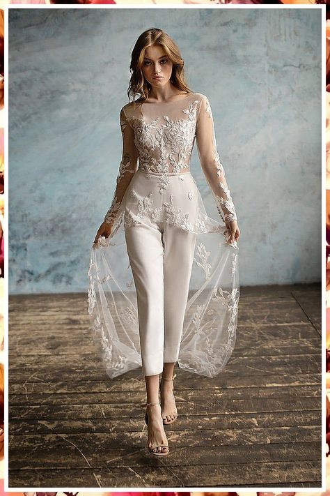 Wedding Jumpsuit The Bride - Not next week, not tomorrow, Take Action NOW! Buy what you need from one of the world's most reputable online store. Nontraditional Wedding Outfit, Wedding Invititation, Bridal Jumpsuit With Train, Lace Wedding Jumpsuit, White Bridal Jumpsuit, Lace Jumpsuit Wedding, Muslim Gown, Jumpsuit Wedding Dress, Wedding Dress Jumpsuit