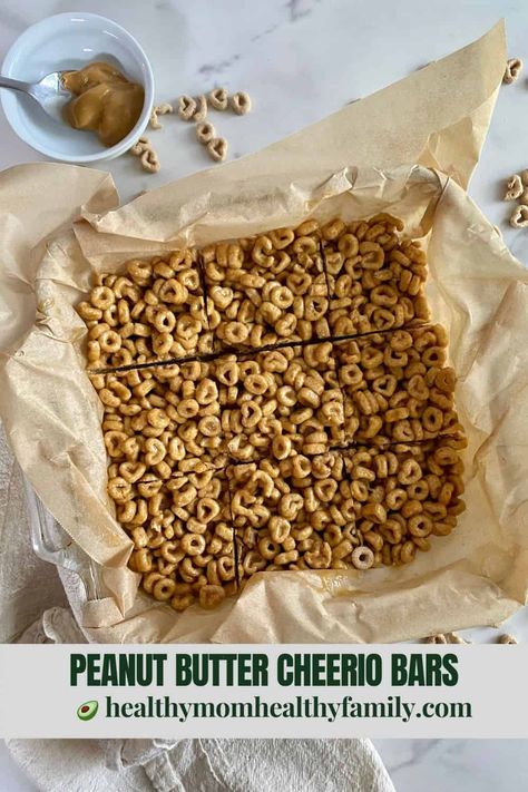 These easy no-bake Peanut Butter Cheerio Bars come together in just 10 minutes with 4 simple ingredients for an easy snack or breakfast on the go. #snack #snackrecipe #breakfast #breakfastrecipe #peanutbutter #cheerios #cheerio Peanut Butter Bars Healthy, Cheerios Bars, Cheerios Snacks, Peanut Butter Cereal Bars, Peanut Butter Substitute, Cheerios Recipes, Peanut Butter Cheerio Bars, Cheerio Bars, Chocolate Rice Krispie Treats