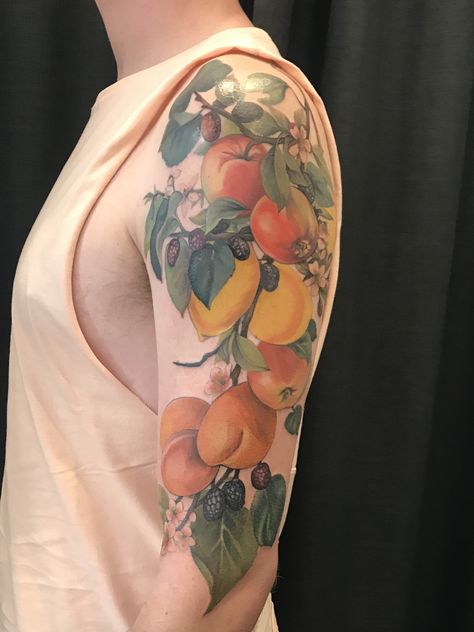 Fruit And Vegetable Tattoo, Fruit Tattoo Sleeve, Orchard Tattoo, Cottagecore Tattoos, Rock Tattoos, Pomegranate Tattoo, Food Tattoo, Peach Tattoo, Chef Tattoo