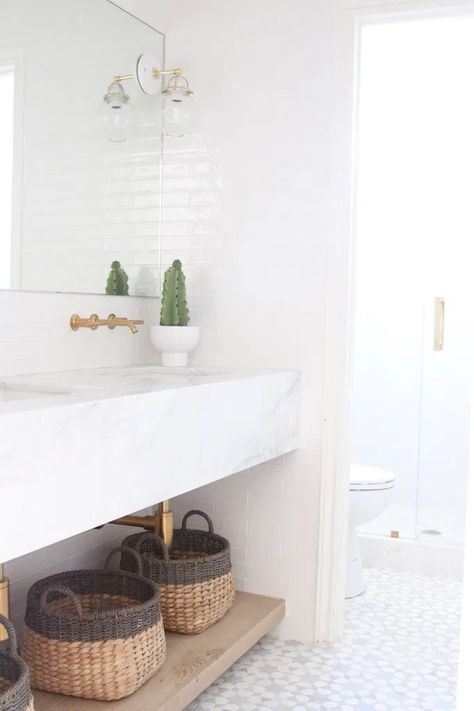 Floating Sink, Zen Bathroom, Diy Bathroom Storage, White Tile Floor, Bathroom Necessities, Interior Minimalista, Boho Bathroom, Floating Vanity, Diy Bathroom Decor