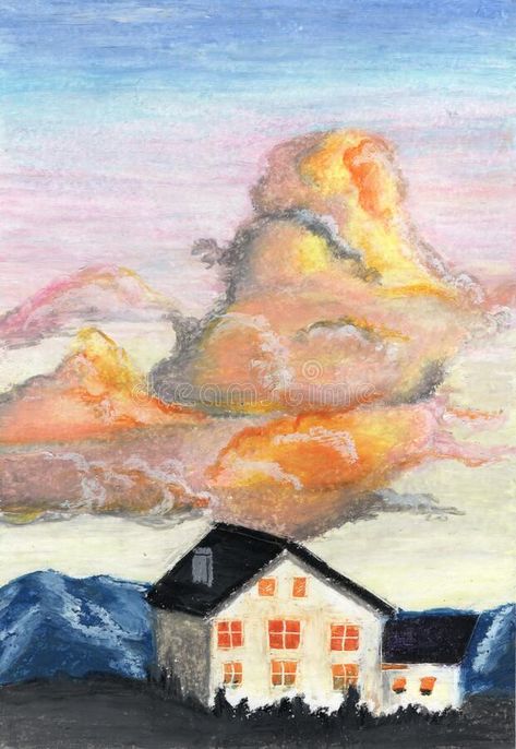 Bright Oil Pastel Art, Oil Pastel House Drawing, Pastel Sketches, Oil Pastel House, Oil Pastels Landscape, Crayon Illustration, Oil Pastel Clouds, Oil Pastel Illustration, Landscape Oil Pastel