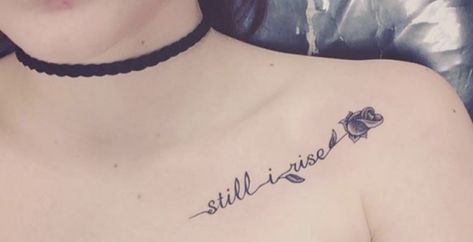 This tattoo is just gorgeous and perfectly placed!!! Tattoo Earrings, I Rise Tattoo, Sagittarius Tattoos, Still I Rise Tattoo, Tattoos Placement, Rise Tattoo, Strong Tattoos, Survivor Tattoo, Empowering Tattoos