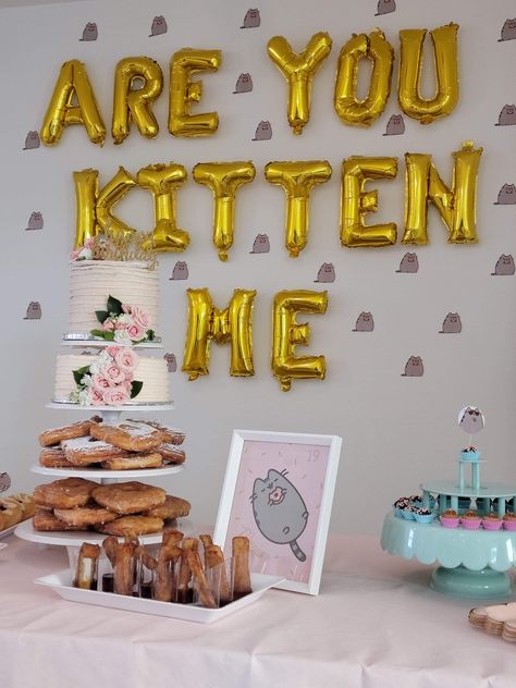 Pusheen and Donuts themed Party. Pusheen Themed Birthday Party, Pusheen Cat Birthday Party Ideas, Pusheen Birthday Party Ideas, Pusheen Birthday Party, Cat Birthday Party Ideas, Pusheen Birthday, Pusheen Cute, 10 Birthday, Party Setup