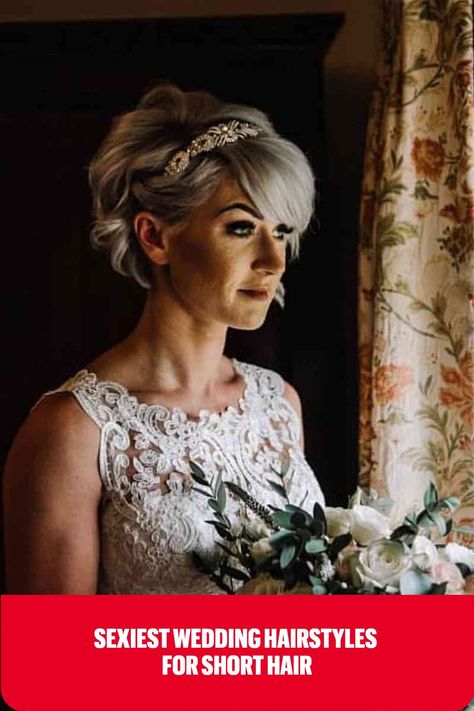 Side-Swept Short Hair Wedding Hair Styles Short Length, Hair Up For Short Hair Wedding, Wedding Hairstyles For Short Bob, Short Hair Wedding Styles With Tiara, Long Pixie Bridal Hair, Formal Hairstyles For A Bob, Bride Headpiece For Short Hair, Short Hair Do For Wedding, Elegant Bridal Headpiece