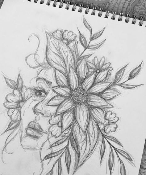 Flowers Sketches Pencil, Face Surrounded By Flowers, Floral Portrait Art, Face And Flowers Drawing, Healing Sketch Art, Creative Portrait Drawing Ideas, Flower Drawings Realistic, East Sketch Ideas, Flowers With Faces Drawing