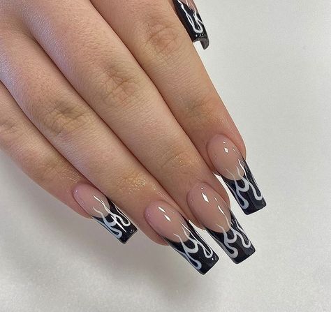 French Tip Nails Flames, French Nails With Flames, Flaming Nails Designs, Black Nails White Flames, Flame French Nails, Black Chrome Flame Nails, Short Acrylic Nails Flames, French Tips With Flames, Flame Outline Nails