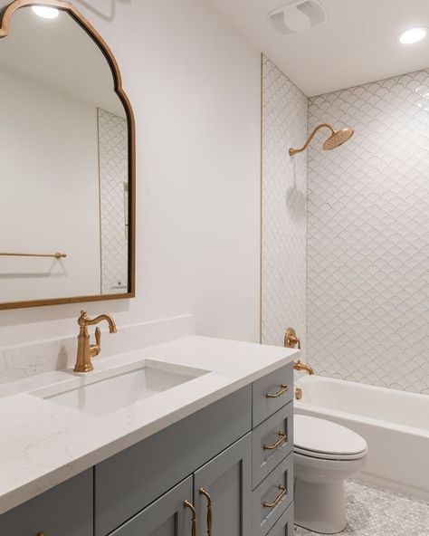 Small Bathroom Design | 1, 2, 3, 4, 5, 6, 7, 8, 9 or 10? 😍 | Instagram Scallop Tile, Tile Ideas Bathroom, White Subway Tile Shower, Subway Tile Showers, Blue Bathroom Vanity, Gray Vanity, Lake House Plans, Bathroom Goals, White Subway Tile