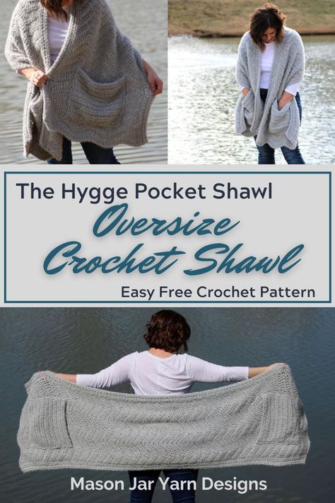 Chunky Yarn Crochet Shawl, Crochet Shawl With Sleeves, Pocket Shawls Free Pattern, Chenille Yarn Crochet Patterns, Bulky Yarn Crochet Patterns, Crochet Hygge, Crochet Pocket Shawl Pattern, Easy Crochet Wrap, Crochet Blanket Shawl