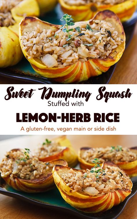 Small sweet dumpling squash stuffed with lemony rice make adorable individual side or main dishes for any holiday celebration. Vegan and gluten-free. Stuffed Sweet Dumpling Squash Recipe, Sweet Dumpling Squash Recipe, Dumpling Squash Recipe, Holiday Meal Ideas, Dumpling Squash, Sweet Dumpling Squash, Whole Foods Plant Based, Sweet Dumplings, Vegan Holiday