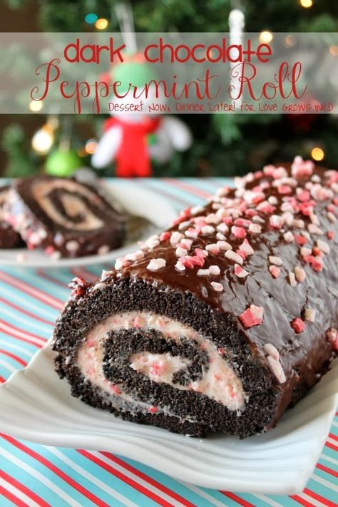 Dark Chocolate Peppermint Roll Peppermint Cake Roll, Peppermint Roll, Chocolate Mint Cake, Chocolate Peppermint Cake, Peppermint Cake, Chocolate Roll Cake, Dark Chocolate Mint, Mint Cake, Yule Log Cake