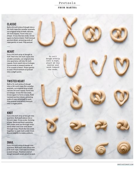 Pretzel Shapes Guide from Martha Stewart February 2016 Pretzel Shapes, Making Pretzels, Pretzel Shape, Homemade Pretzels, Homemade Soft Pretzels, Bread Shaping, Pretzels Recipe, Thai Dessert, Soft Pretzels