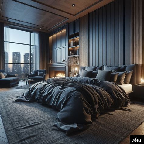 3 Digital images of a luxury master bedroom in a highrise. cityview with fireplace. dramatic vibe with navy, black and gray decor and bedding. very relaxing. architecture custom with textured walls and ceilings. bedroom remod ideas. Image by SouthHavenMarket. Penthouse Bedroom, Trajes Kylie Jenner, Luxury Bedroom Master, Small Room Bedroom, Master Bedrooms Decor, Remodel Bedroom, Garden Cottage, Dream Bedroom, Luxury Apartments