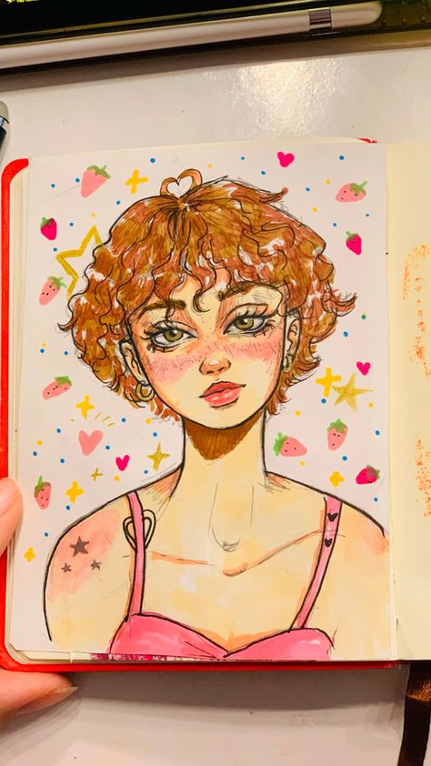 Cute aesthetic girl with curly hair sketch sketchbook marker colors drawing Face Marker Drawing, Water Pencil Colour Drawing, Sketch Book Ideas Aesthetic Colourful, Sketchbook Ideas Marker, Art Markers Drawing Easy, Curly Hair Girl Drawing, Color Pencil Sketches Easy, Grunge Art Aesthetic Drawing, Curly Hair Sketch