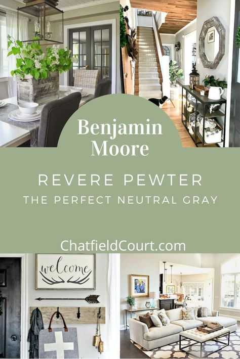 15 beautiful rooms painted in Benjamin Moore Revere Pewter. It's the perfect gray/greige paint color for any room in your home. 60s Room Decor, 60s Room, Revere Pewter Paint, Greige Paint Color, Benjamin Moore Revere Pewter, Pewter Paint, Cottage Style Bathrooms, Small Apartment Organization, Revere Pewter Benjamin Moore