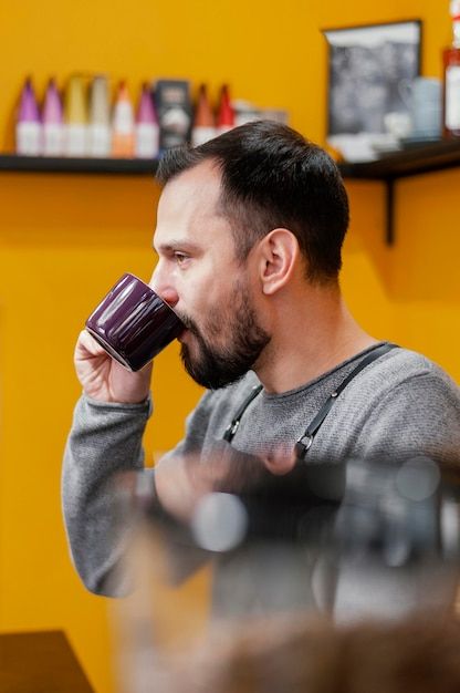 Person Drinking Coffee Reference, Person Drinking Coffee, Male Barista, Drink Photo, Job Placement, Drawing Stuff, Drinking Coffee, Side Profile, Side View