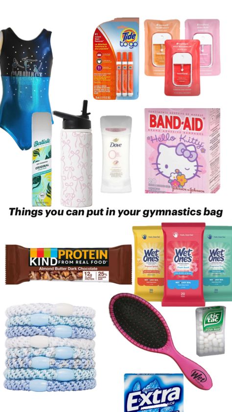 What To Put In Your Gymnastics Bag, Cheer Packing List, Gymnastics Bag Essentials, Sports Bag Essentials, Gymnastics Motivation, Cheer Practice Outfits, Gymnastics Bags, Gym Hair, Gymnastics Competition