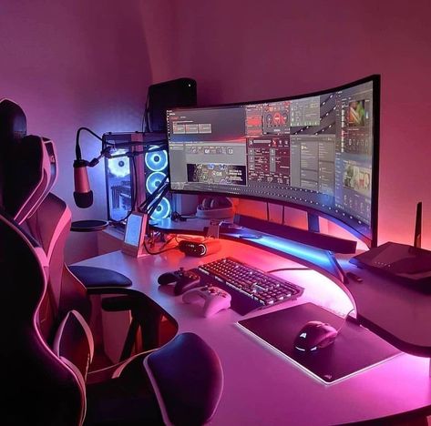 Desk Room, Best Gaming Setup, Computer Gaming Room, Computer Desk Setup, Home Studio Setup, Video Game Room Design, Rgb Led Strip Lights, Video Game Rooms, Gaming Room Setup