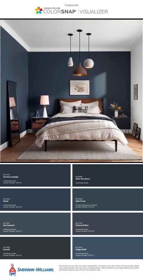 Men’s Room Color Scheme, Men’s Bedroom Ideas Blue, Paint Colors For Guys Bedroom, Dark Blue Gray Bedroom Walls, Dark Blues For Bedroom, Best Paint Color For Bedroom With Oak Furniture, Dark Male Bedroom, Men’s Bedroom Paint Ideas, Dark Blue Small Bedroom