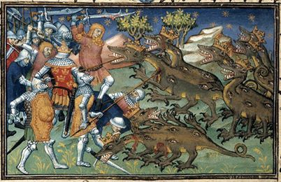 Knights battling against dragons from the Medieval mind. Multiple Eyes, Medieval Dragon, Medieval Paintings, Celtic Dragon, Enter The Dragon, Book Of Hours, Medieval Manuscript, Illuminated Manuscripts, Celtic Art