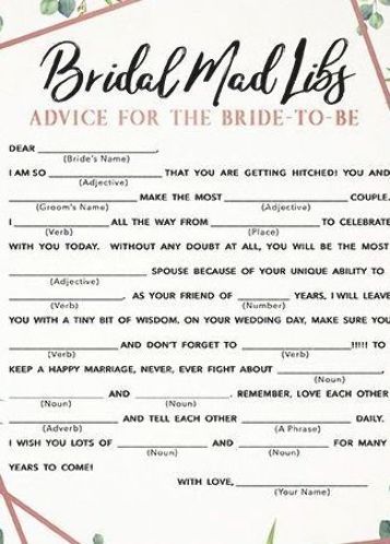 Bridal Mad Libs, Bridal Shower Bachelorette Party Ideas, Bridal Party Games, Bridal Shower Advice, Bride Game, Wedding Game, Fun Bridal Shower Games, Bridal Shower Activities, Bridal Shower Planning