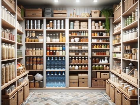 Preparing Your Pantry: Key Items for Emergency Readiness - NewsBreak Food Storage Rooms Basements, Basement Canning Kitchen, Homestead Pantry Design, Dry Storage Pantry, Prepper Pantry Organization, Basement Pantry Storage, Dry Food Storage Ideas, Canning Pantry Storage, Stock Pantry