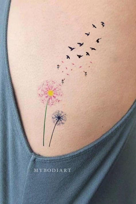 Dandelion Flower Tattoo, Dandelion Tattoo Ideas, Rib Tattoo Ideas, Dandelion Tattoos, W Tattoo, Blowing Dandelion, Artsy Tattoos, Set Tattoo, Mastectomy Tattoo