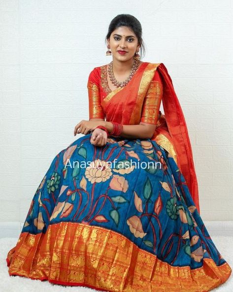 Kalamkari Pattu Lehenga, Kalamkari Half Saree Lehenga, Latest Lehanga Models, Pen Kalamkari Lehangas, Kalamkari Half Saree Designs, Kalamkari Lehenga Designs, Kanchi Pattu Lehenga Half Saree, Mehendi Saree, Traditional Half Saree Designs