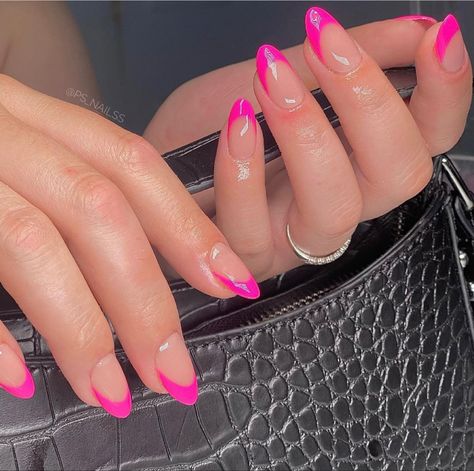 Pink Tip Round Nails, Cute Neon Pink Nails, Simple Neon Pink Nails, Hot Pink Homecoming Nails Acrylic, Fuschia Nails French Tip, Fushia Tip Nails, Barbie Pink French Tip Nails Almond, Hot Pink French Tip Nails Oval, Bright Pink Tips Nails