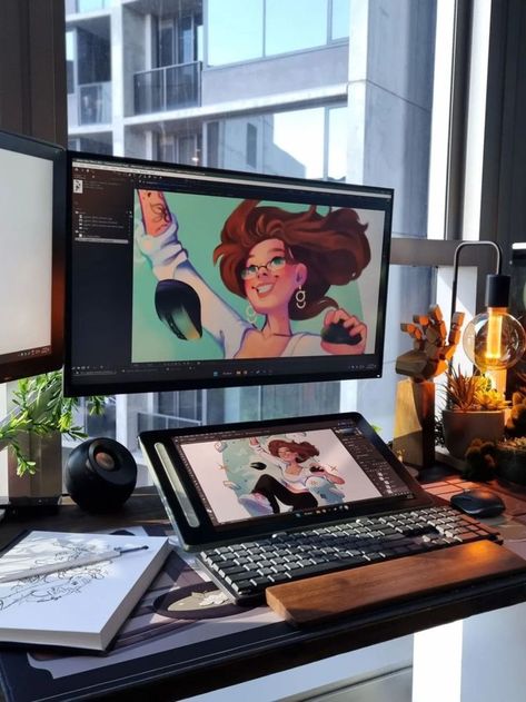 A digital artist's desk setup featuring a pen display, cozy warm lamp, and ambient lighting, perfect for creative work and inspiration. Digital Artist Desk Setup, Digital Artist Setup, Artist Desk Setup, Artist Setup, Aesthetic Workspace, Ipad Desk, Warm Lamp, Artist Desk, Pen Display