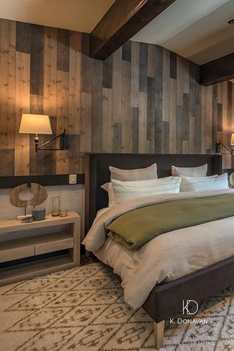 Creating a rustic yet modern bedroom can be tricky however we made it work with this wood accent wall paired with white, cream and green bedding. Stained Wood Accent Wall Bedroom, Modern Farmhouse Bedroom Green Accent Wall, Rock Accent Wall Bedroom, Green Accent Wall Bedroom Wood Headboard, Wood Trim Accent Wall Mountains, Light Brown Bedrooms, Wood Walls Bedroom, Wall Behind Bed, Truckee California