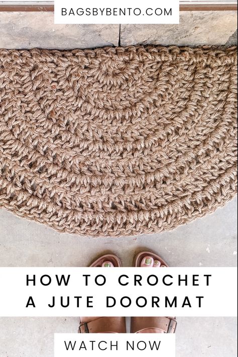 A crocheted jute door mat in front of a front door. With feet next to it wearing Birkenstocks. Crochet Doormat Pattern Free, Doormat Crochet, Crochet Door Mat Free Pattern, Crochet Door Mat, Crochet Doormat, Crochet Welcome Mat, Crochet Eco Friendly, Crochet Front Door Decor, Doormat Ideas Front Porches