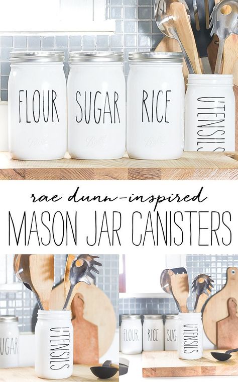 Painting Glass Canisters, Diy Canisters, Canister Ideas, Canisters Diy, Mason Jar Canisters, Dance Around The Kitchen, Mason Jar Cozy, Mason Jar Planter, Mason Jar Kitchen