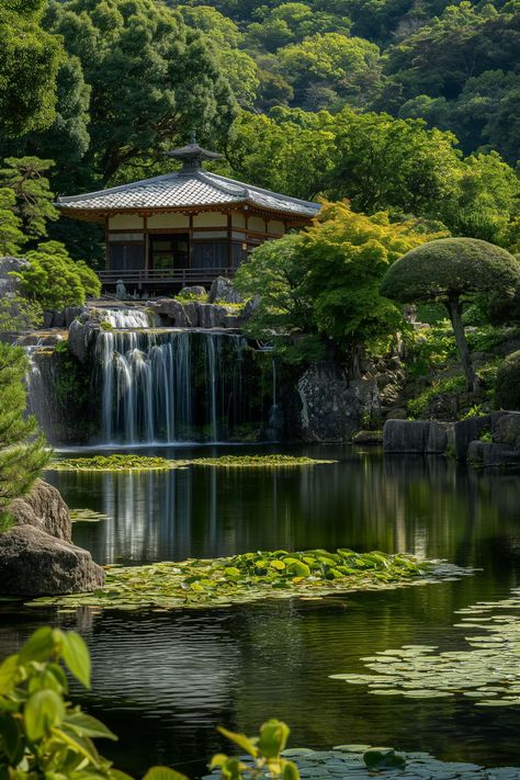 Discover tranquility in this serene Japanese garden, where a traditional pavilion overlooks a pond, embraced by lush greenery and a gentle waterfall. Save this pin for endless inspiration and follow us for more mesmerizing views. 🍃✨ #Tranquility #JapaneseGarden #PavilionView #WaterfallBliss #NatureInspiration #GardenBeauty #FollowForMore #PinSave #AIimage Japanese Koi Pond Zen Gardens, Japanese Pond Garden, Traditional Pavilion, Japanese Waterfall, Japanese Pond, Japan Forest, Zen Pond, Sakura Garden, Japanese Park