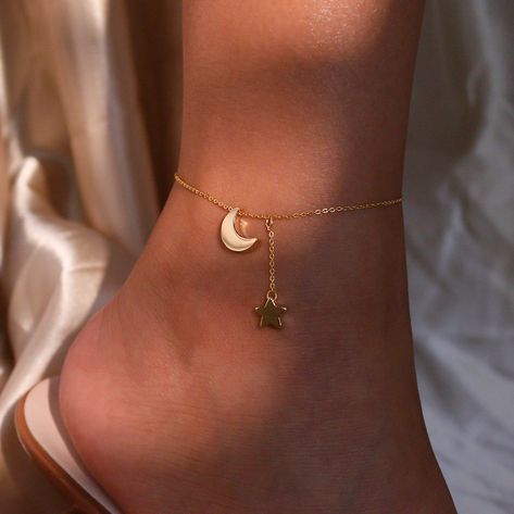 "Show your love and friendship with our Moon Star Anklet, featuring a delicate design that symbolizes \"Love You to the Moon and Back.\" This anklet is the best gift for her, representing your deep connection and affection. Give a meaningful and stylish token of your friendship and love with this beautiful moon star anklet. #YOU MAY LIKE THIS Name Circle Anklet https://www.etsy.com/listing/1576475162/name-circle-anklet-unique-ring-coin your initial name anklet https://www.etsy.com/listing/157318 Name Circle, Name Anklet, Anklets Indian, Cute Anklets, Star Anklet, Anklet Gold, Beautiful Anklet, Anklet Designs, Preppy Jewelry