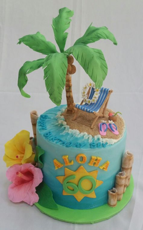 Hawaiian theme 60th birthday cake Hawaiian Themed Birthday Cake, Hawaiian Birthday Cake Ideas, Hawaiian Cakes, Hawaiian Theme Cake For Men, Hawaiian Luau Birthday Cake, Hawaii Themed Cake, Hawaiian Themed Cake, Hawaii Cake Ideas, Hawaiian Birthday Cakes For Men