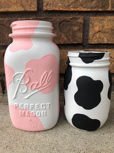 Cow Print Mason Jars, Cow Print Birthday, Cow Birthday Parties, Cowgirl Birthday Party, Cow Birthday, Cute Coffee Cups, Cow Decor, Cowgirl Birthday, Painted Jars