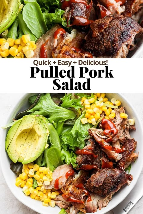 Healthy Pulled Pork Leftover Recipes, Pull Pork Leftover Recipes, Pork Shoulder Healthy Recipes, Pull Pork Bowl, Pork Chop Salad Recipes, Bbq Pulled Pork Salad, Salad With Pulled Pork, Bbq Pork Salad, Sweet Pork Salad