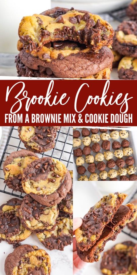 <p>Easy Brookie Cookies Recipe! How to make Layered Brookies with chocolate chip cookie dough and brownies! Best Brookies Recipe with Brownie Mix!</p> Cookie Dough Brownie Cookies, Cookie With Brownie Inside, Brownie Pillow Cookies, Cookie Jar Brownies, Brownie And Cookies Together, Brookies Recipe With Box Brownies, Brookie Bites, Brookies Recipe Cookie Brownies, Brownie Mix Cookie