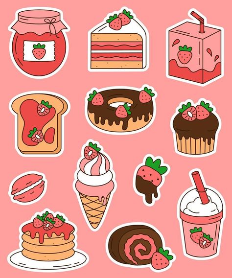 Cute sticker set with strawberry desserts and drinks isolated on white background. Dessert Stickers, Bujo Stickers, Food Doodles, 귀여운 음식 그림, Cute Easy Doodles, Drink Stickers, Cute Laptop Stickers, Arte Van Gogh, Stickers Kawaii