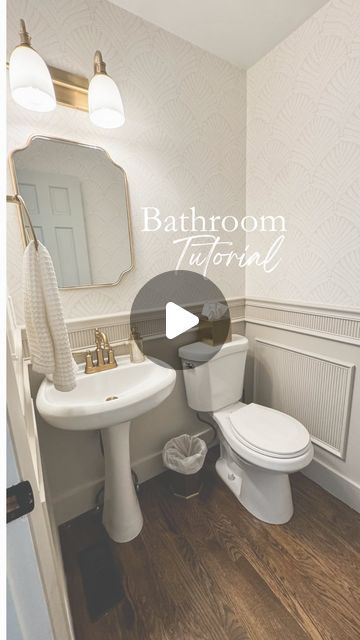 Bathroom Decor Ideas Half Baths, Half Bathroom Inspiration Powder Rooms, Half Bath Half Wallpaper, Half Bathroom Wainscoting Wallpaper, Powder Room Wood Accent Wall, Gold Half Bathroom Ideas, Styling A Powder Room, Molding In Powder Room, Half Bathroom Ideas With Wallpaper