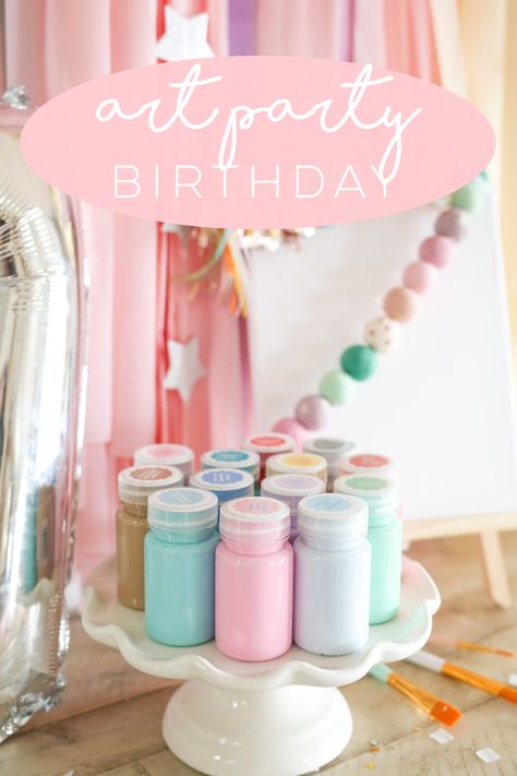 Art Party Projects, Art Themed 3rd Birthday Party, Craft Station Birthday Party, Little Artist Birthday Party, 6th Birthday Girl Art Party, Unicorn Paint Party, Artist Birthday Party Ideas, Pastel Paint Party, Art Studio Birthday Party