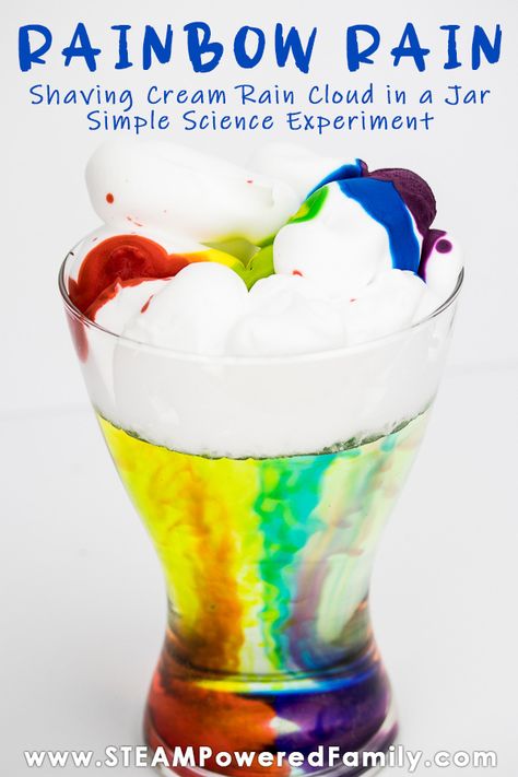 Simple science with gorgeous results in this Rainbow Rain experiment. Shaving Cream Rain Cloud in a Jar is a stunning and easy experiment. With just 3 supplies, you can create this stunning experiment and explore the weather and rain clouds, plus the science of diffusion. This beautiful experiment will excite kids and opens the door for them to be curious and test new experiments and variables. Mastering the Scientific Method. #ShavingCreamRain #RainClouds #Rainbow #ScienceExperiment #Homeschool Rain Experiment, Rain Cloud In A Jar, Cloud Experiments, Rainbow In A Jar, Homemade Moon Sand, Fun Experiments For Kids, Cloud In A Jar, Rainbow Experiment, Homeschool Science Experiments