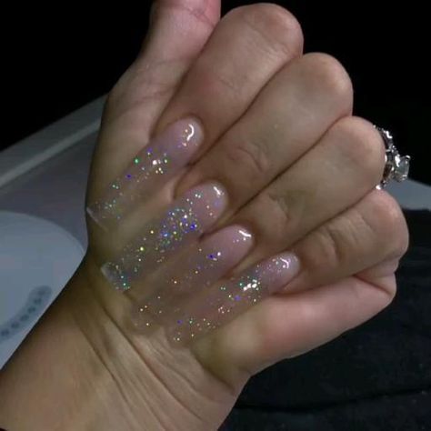 Clear Shiny Acrylic Nails, Clear Acrylic With Glitter, Long Square Glitter Nails, Glittery Long Nails, Clear And Glitter Nails, Clear Pink Glitter Acrylic Nails, Clear Pink Acrylic Nails With Glitter, Clear Glittery Acrylic Nails, Clear Nails Acrylic Design