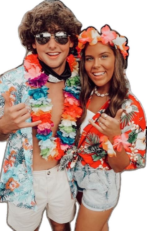 Hawaii Outfits For Football Games, Luau Football Game, Hawaiian Couple Costume, Lau Party Outfits, Aloha Dance Outfits, Hawaiian Theme Spirit Week, Hawaiin Day Spirit Week, Hawaii Pep Rally Outfits, Cute Luau Outfit