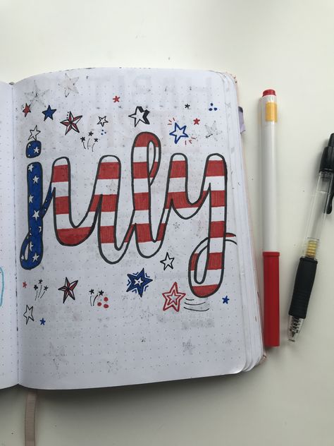 4th Of July Doodles Bullet Journal, 4th Of July Journal Ideas, July Bullet Journal Cover Fireworks, July Whiteboard Ideas, July Bujo Ideas, Fourth Of July Bullet Journal, July Planner Ideas, July Journal Page, 4th Of July Bullet Journal