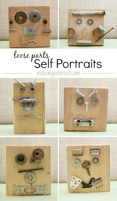 Self Portraits using Loose Parts ~ made with scrap wood, old washers, nuts and bolts Oppgaver For Barn, Kids Woodworking Projects, Maker Fun Factory, Wood Projects For Kids, Woodworking Projects For Kids, Woodworking For Kids, Loose Parts, Diy Holz, Kids Wood