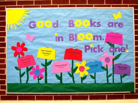 Library Spring Bulletin Board Spring Into Reading Bulletin Board, March Reading Bulletin Board Ideas, May Library Bulletin Boards, April Library Bulletin Board Ideas, Library Spring Bulletin Boards, Spring Library Bulletin Board Ideas, Spring Reading Bulletin Boards, Spring Book Display, March Library Bulletin Boards