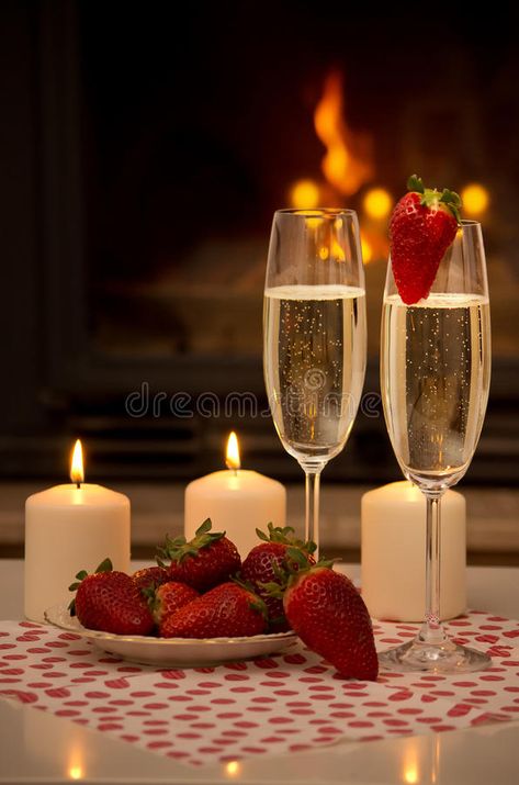 Romantic Evening By The Fireplace. Stock Photo - Image of flame, sparkling: 40049402 Romantic Room Surprise, Romantic Dinner Decoration, Strawberry Candle, Romantic Room Decoration, Romantic Surprise, Strawberry Champagne, Romantic Room, Valentine Dinner, By The Fireplace