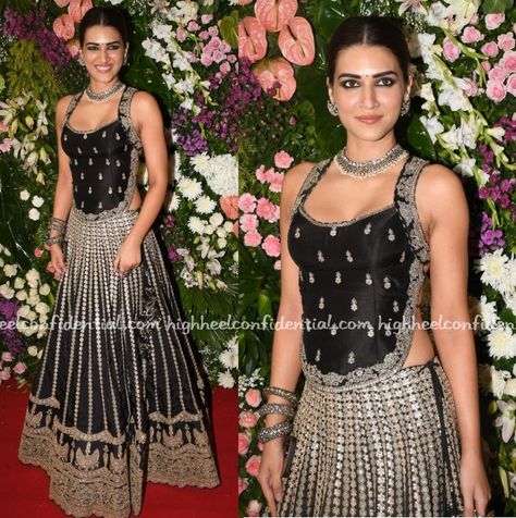 kriti-sanon-diwali-party-black-lehenga - High Heel Confidential Gopi Vaid, Black Lehenga, Diwali Party, Gucci Heels, Kriti Sanon, Yes But, Velvet Suit, Manish Malhotra, Sushant Singh