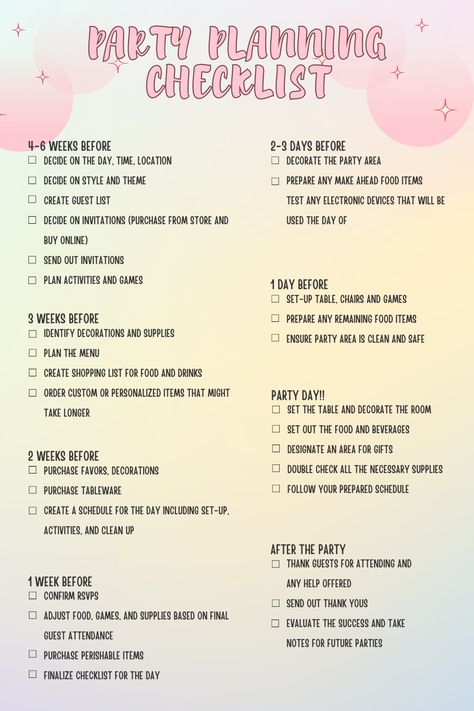 18th Birthday Planning Checklist, Checklist Birthday Party, 21st Birthday Party Checklist, Checklist For Party Planning, Surprise Party Checklist, Birthday Party Preparation Checklist, Sweet Sixteen Planning Checklist, Birthday Supplies Checklist, Party Ideas To Do